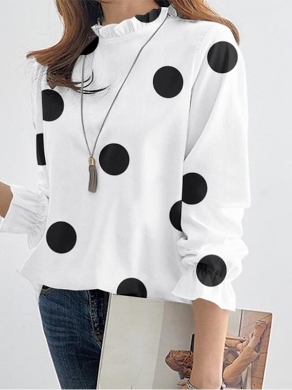 Women's Blouse Shirt Polka Dot Print Round Neck Casual Streetwear Tops White Black Red #8990212