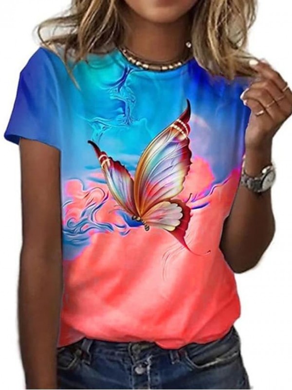 Women's Abstract Butterfly Painting T shirt Butterfly Print Round Neck Basic Tops Green Gray Purple / 3D Print #8997736