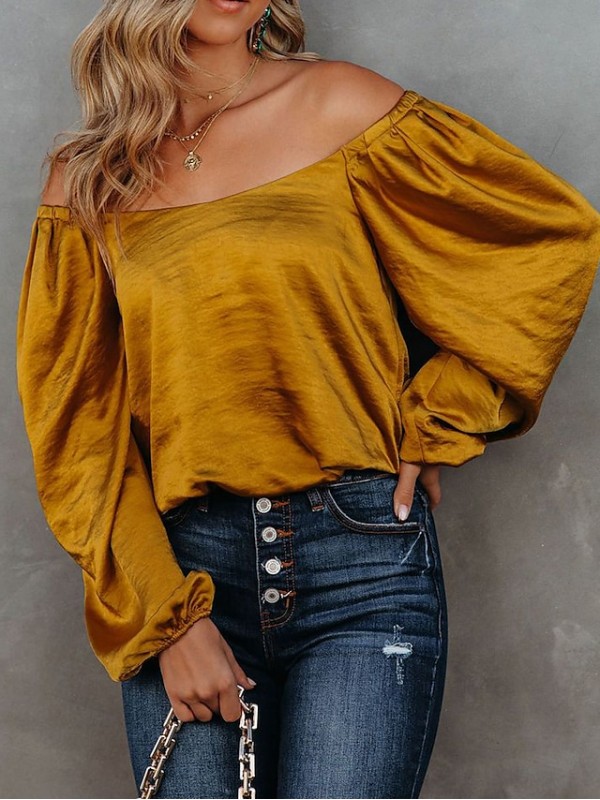 Women's Blouse Plain Sparkly Glittery Off Shoulder Tops Red Yellow #8889549