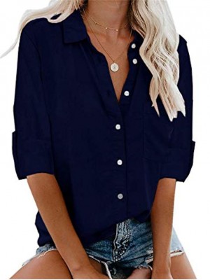 women's cuffed long sleeve shirt lightweight button up work blouses (s, navy blue) #8383473