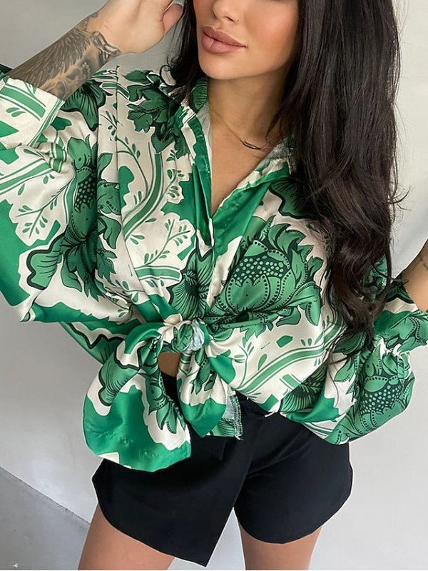 Women's Floral Theme Blouse Shirt Floral Button Print Shirt Collar Casual Streetwear Tops Green Black Pink / 3D Print #9035424