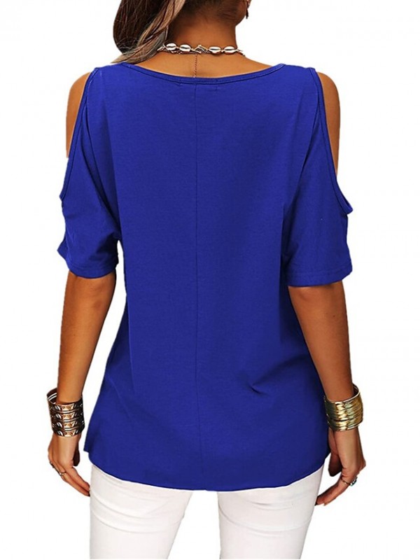 Women's T shirt Plain Cut Out Cold Shoulder Round Neck Basic Tops Blue White Black #8986228