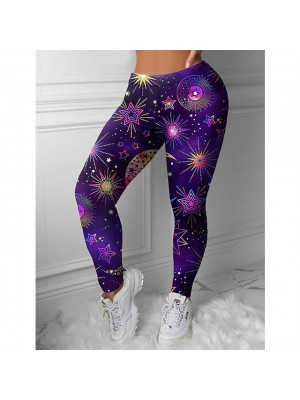 Women's Fashion Sports Leggings Sporty Elastic Waist Print Ankle-Length Pants Leisure Sports Weekend Stretchy Galaxy Print Comfort Mid Waist Skinny Purple S M L XL XXL #8725386