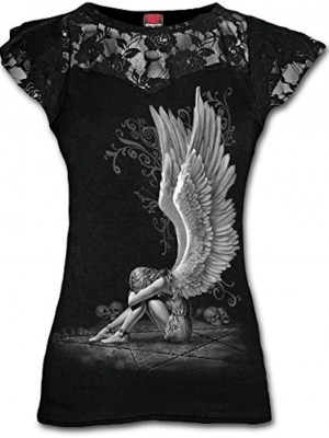 women's enslaved angel-lace layered cap sleeve top t-shirt, black (black 001), 20 (size:xl) #8445203