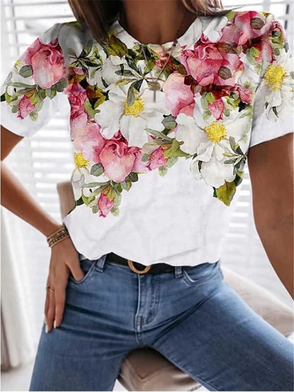 Women's Floral Theme T shirt Floral Plants Round Neck Basic Tops White / 3D Print #8981831