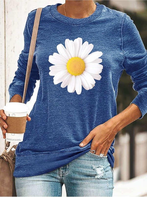 Women's T shirt Floral Graphic Daisy Print Round Neck Basic Tops Blue Black Green #8932645