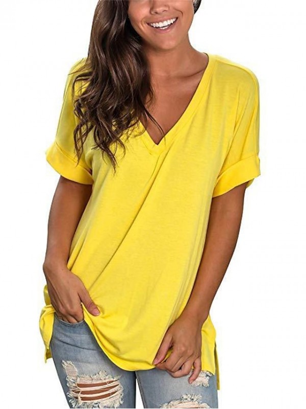 cmtop women t-shirt short sleeve tops solid color v neck tee shirt long hem casual summer tops basic blouse women's short sleeve t-shirt solid color v neck long casual tops yellow #8603643