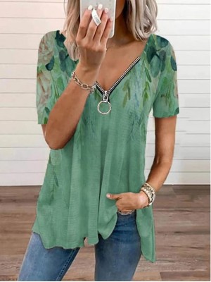 Women's Bohemian Theme Blouse Shirt Floral Zipper V Neck Basic Tops Green Beige #8619378