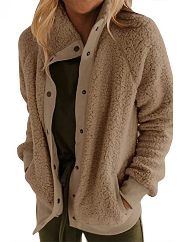 Women's Teddy Coat Causal Daily Holiday Fall Winter Spring Short Coat Loose Warm Casual Jacket Long Sleeve Solid Color Pocket Light Pink ArmyGreen caramel colour / Wool #8744415