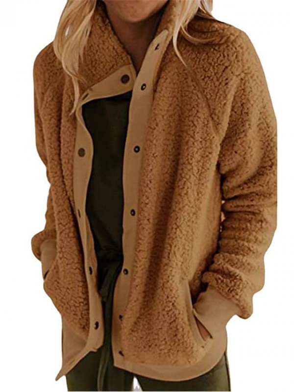 Women's Teddy Coat Causal Daily Holiday Fall Winter Spring Short Coat Loose Warm Casual Jacket Long Sleeve Solid Color Pocket Light Pink ArmyGreen caramel colour / Wool #8744415