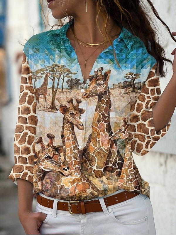 Women's Blouse Shirt 3D Giraffe Animal Button Print Shirt Collar Basic Tops Brown / 3D Print #8782222