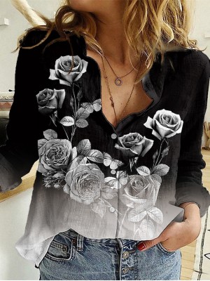 Women's Floral Theme Blouse Shirt Floral Color Block Button Print Shirt Collar Casual Streetwear Tops Black / 3D Print #8749406