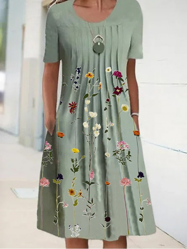 Women's A Line Dress Knee Length Dress Green Short Sleeve Floral Print Spring Summer Round Neck Casual Loose 2022 S M L XL XXL / 3D Print #8736649