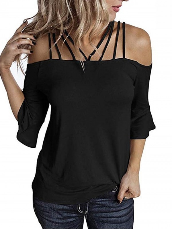 Women's T shirt Plain Cold Shoulder Off Shoulder Basic Tops White Black Gray #9028135