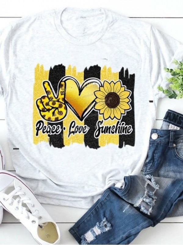 Women's Floral Theme Painting Couple T shirt Heart Sunflower Peace & Love Print Round Neck Basic Tops White Black Gray #9016951