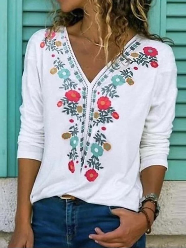 casual plus size printed v neck long sleeve shirts tops #8724755