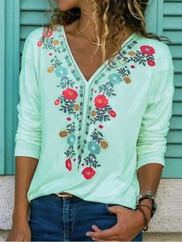 casual plus size printed v neck long sleeve shirts tops #8724755