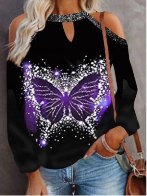 Women's 3D Cat T shirt Cat Graphic Butterfly Cut Out Print Round Neck Basic Vintage Tops Blue Black Purple / 3D Print #8892097