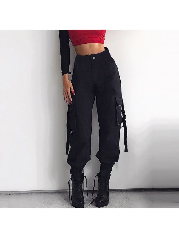 Women's Fashion Athleisure Tactical Cargo Multiple Pockets Full Length Pants Leisure Sports Weekend Micro-elastic Plain Cotton Comfort Mid Waist Black Khaki S M L XL XXL #8900442