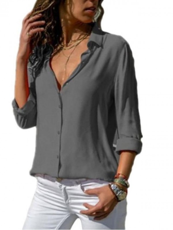 Women's Blouse Shirt Solid Colored Shirt Collar Basic Tops Blue Black Gray #7308390