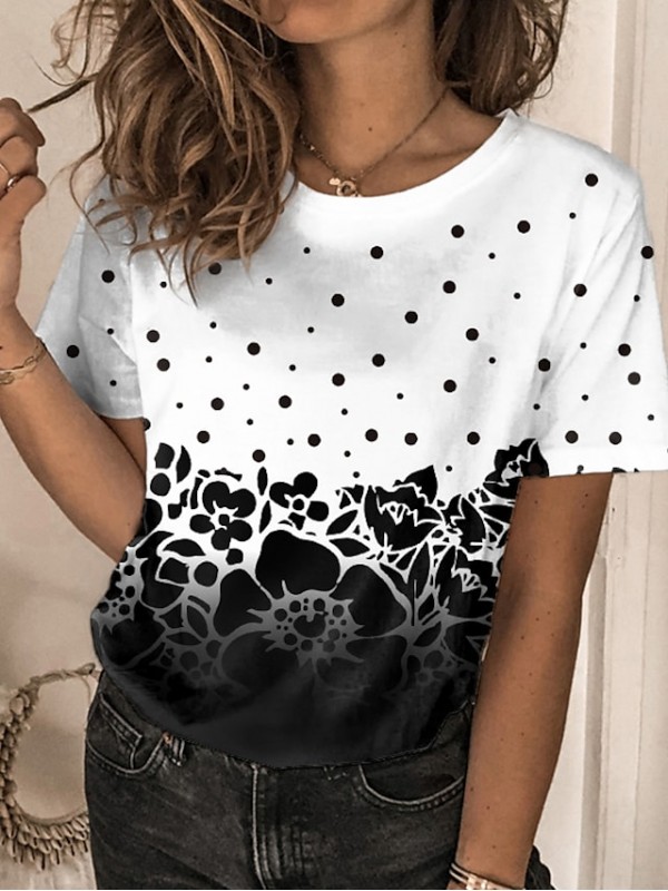 Women's Floral Theme Painting T shirt Floral Polka Dot Print Round Neck Basic Tops White / 3D Print #9015613