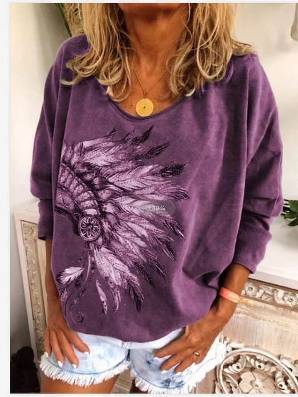 womens vintage native american indian shirt feather headdress print loose fit long sleeve oversize tee tops purple #8362995