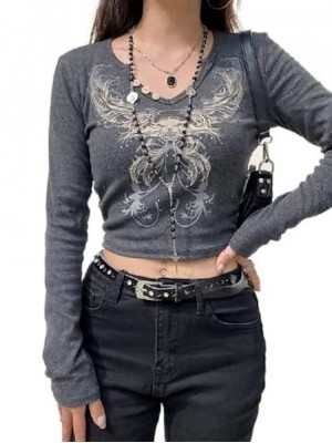 Women Y2k Harajuku Aesthetic Floral Long Sleeve Crop Tops Butterfly Heart Print 90s Vintage Slim Fit Lace Streetwear (Gray, M) #9032279