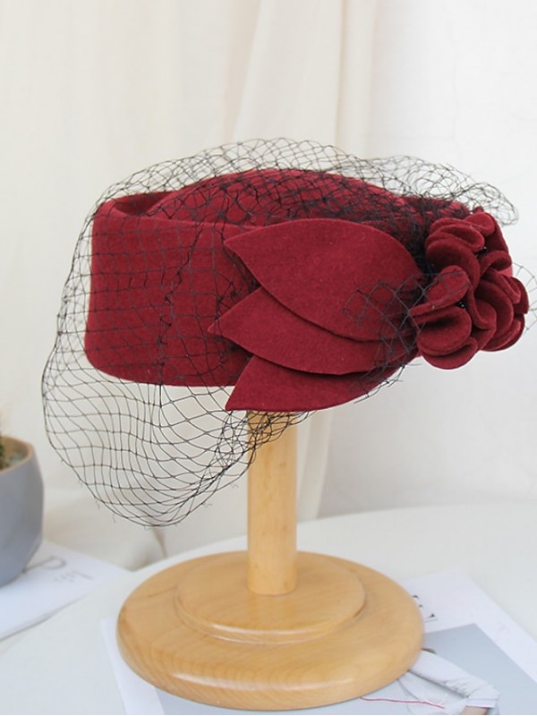 Women's Party Hat Party Wedding Special Occasion Flower Solid Color Wine Black Hat Red Fall Winter Spring Vintage #8774482