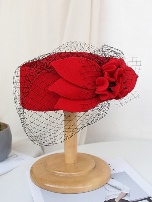 Women's Party Hat Party Wedding Special Occasion Flower Solid Color Wine Black Hat Red Fall Winter Spring Vintage #8774482