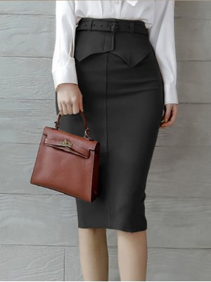 Women's Bodycon Pencil Skirt with Belt Solid Color Hip-Wrapped Split Black S M L #8946623