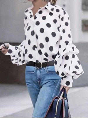 Women's Blouse Polka Dot Shirt Collar Tops Puff Sleeve Black White #8885586