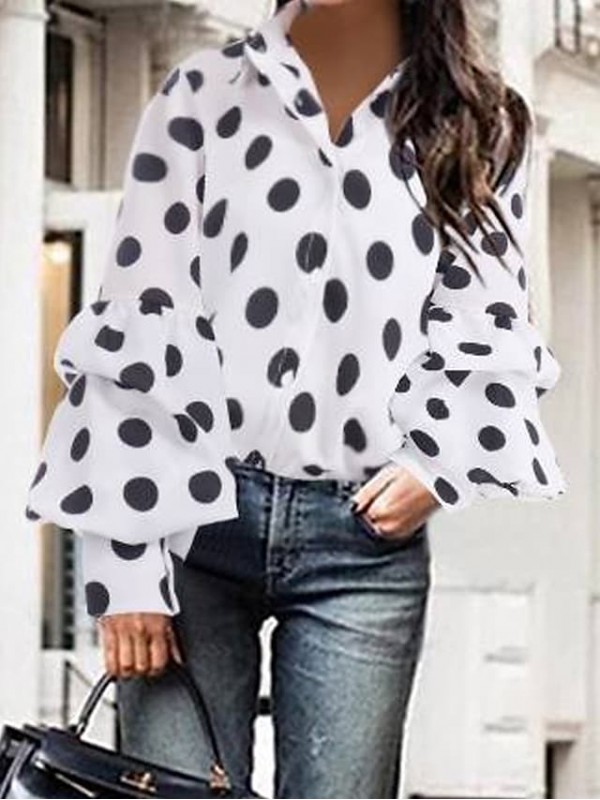 Women's Blouse Polka Dot Shirt Collar Tops Puff Sleeve Black White #8885586