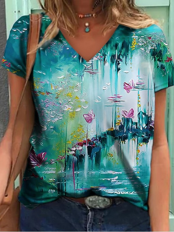 Women's Floral Theme Abstract Painting T shirt Rainbow Floral Graphic Print V Neck Basic Tops Blue Purple Red #8678960