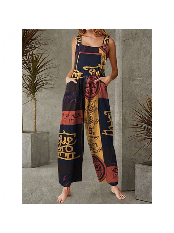 Women's Fashion Jumpsuit Rompers Side Pockets Print Full Length Pants Casual Weekend Micro-elastic Graphic Geometric Cotton Blend Comfort Mid Waist Blue Black Yellow Light Blue S M L XL XXL #8988470