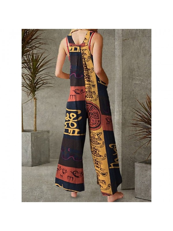 Women's Fashion Jumpsuit Rompers Side Pockets Print Full Length Pants Casual Weekend Micro-elastic Graphic Geometric Cotton Blend Comfort Mid Waist Blue Black Yellow Light Blue S M L XL XXL #8988470