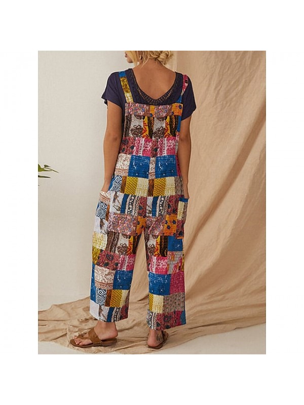 Women's Fashion Jumpsuit Rompers Side Pockets Print Full Length Pants Casual Weekend Micro-elastic Graphic Geometric Cotton Blend Comfort Mid Waist Blue Black Yellow Light Blue S M L XL XXL #8988470