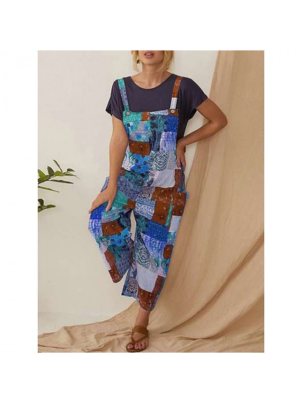 Women's Fashion Jumpsuit Rompers Side Pockets Print Full Length Pants Casual Weekend Micro-elastic Graphic Geometric Cotton Blend Comfort Mid Waist Blue Black Yellow Light Blue S M L XL XXL #8988470