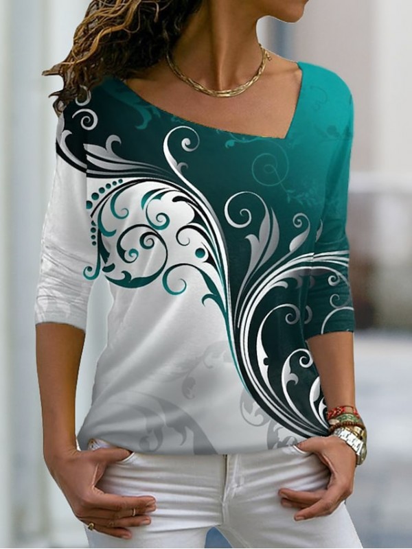 Women's Floral Theme Painting T shirt Plants Color Block Print V Neck Basic Tops Green Blue Purple / 3D Print #8940256