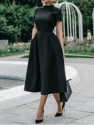 Women's A Line Dress Midi Dress Black Short Sleeve Solid Color Zipper Fall Summer Round Neck Elegant Slim 2022 S M L XL XXL #8759048