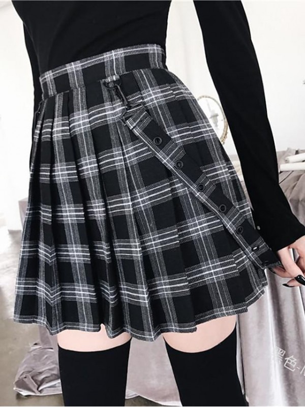 Women's Chic & Modern Punk Lolita Overalls Capris Skirts Halloween Party / Evening Square Plaid / Check Tartan Modern Style High Waist Lake blue Wine Black S M L #8389422