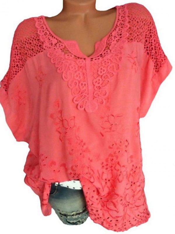 Women's Plus Size Blouse T shirt Shirt Plain Solid Colored Lace V Neck Tops Watermelon Pink Blue Black #7213374