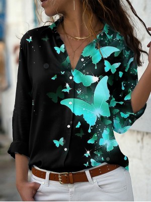 Women's Butterfly Blouse Shirt Butterfly Button Print Shirt Collar Basic Vintage Streetwear Tops Green Purple Pink / 3D Print #8932065