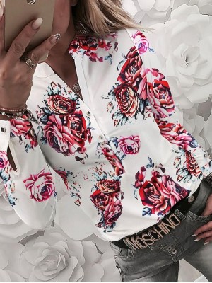 Women's Floral Theme Blouse Shirt Floral Button Print V Neck Casual Streetwear Tops White Red / 3D Print #9016728