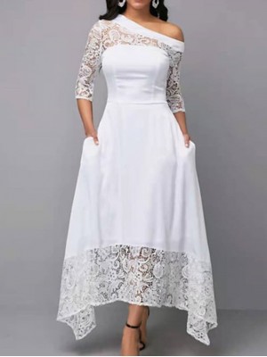 Women's A Line Dress Maxi long Dress White 3/4 Length Sleeve Pure Color Lace Spring Summer cold shoulder Elegant Formal Romantic Party 2022 S M L XL XXL #8755603