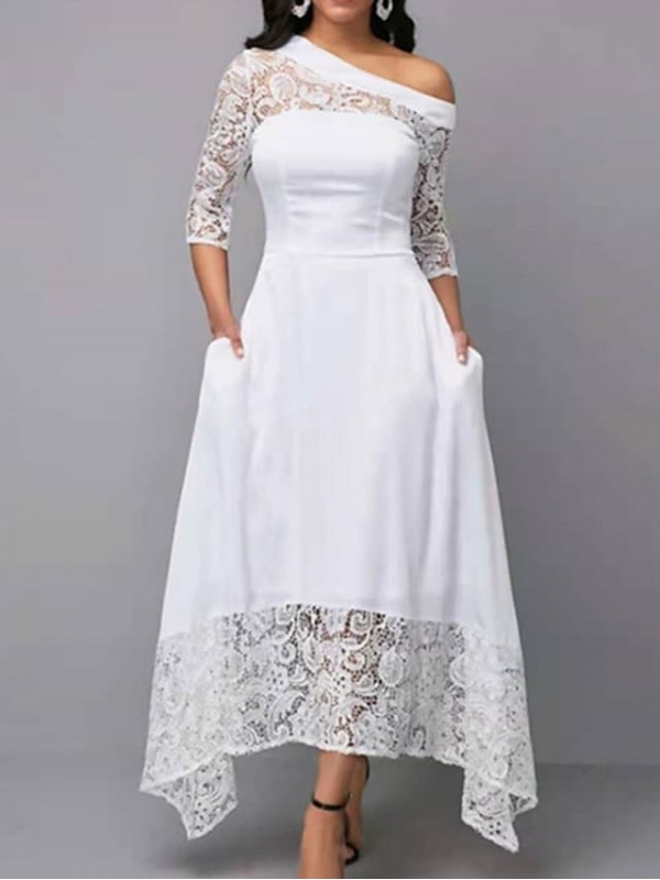 Women's A Line Dress Maxi long Dress White 3/4 Length Sleeve Pure Color Lace Spring Summer cold shoulder Elegant Formal Romantic Party 2022 S M L XL XXL #8755603