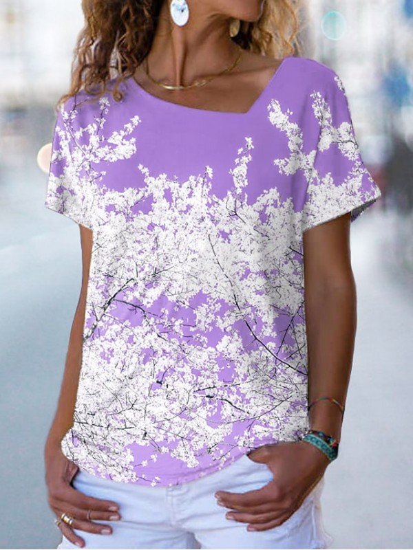 Women's Floral Theme Painting T shirt Floral Print V Neck Basic Tops Green Blue Purple / 3D Print #9035070