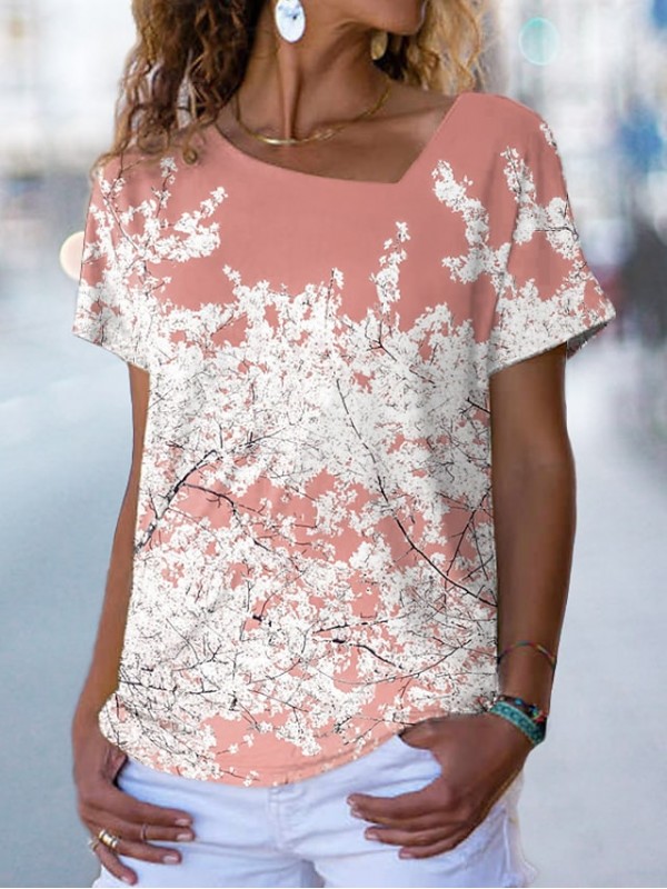 Women's Floral Theme Painting T shirt Floral Print V Neck Basic Tops Green Blue Purple / 3D Print #9035070