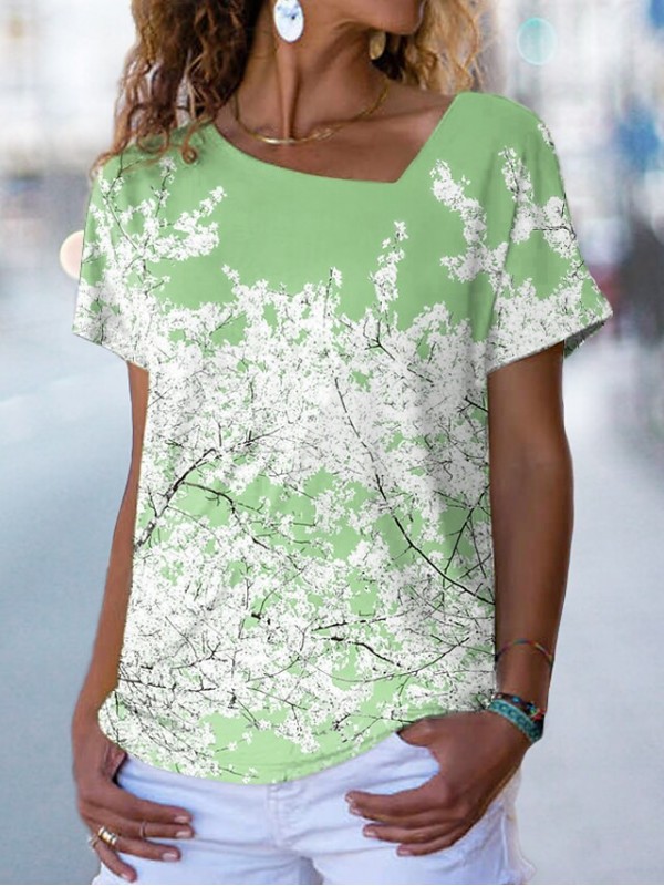 Women's Floral Theme Painting T shirt Floral Print V Neck Basic Tops Green Blue Purple / 3D Print #9035070