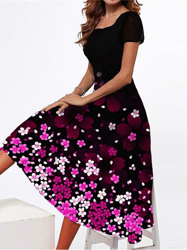 Women's A Line Dress Midi Dress Blue Black Pink Fuchsia Short Sleeve Floral Print Fall Spring Round Neck Elegant Casual 2022 S M L XL XXL 3XL #8777569