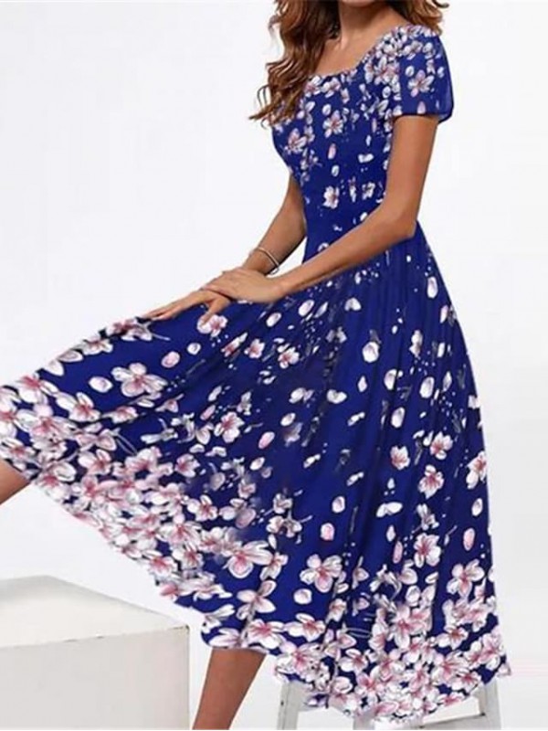 Women's A Line Dress Midi Dress Blue Black Pink Fuchsia Short Sleeve Floral Print Fall Spring Round Neck Elegant Casual 2022 S M L XL XXL 3XL #8777569